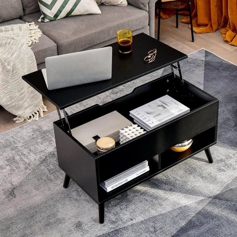 Mesa de centro elevatória, mesa de coquetel moderna com compartimento oculto e 2 prateleiras abertas