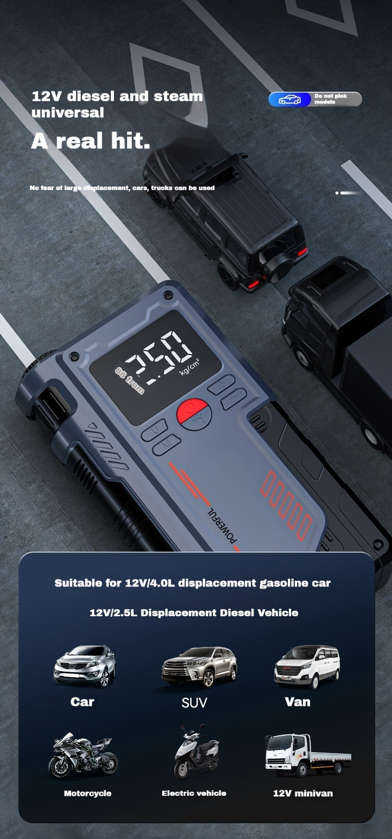 Jkuoo Portátil 3-em-1 Carregador Bateria, Inflador de Pneus e Lanterna