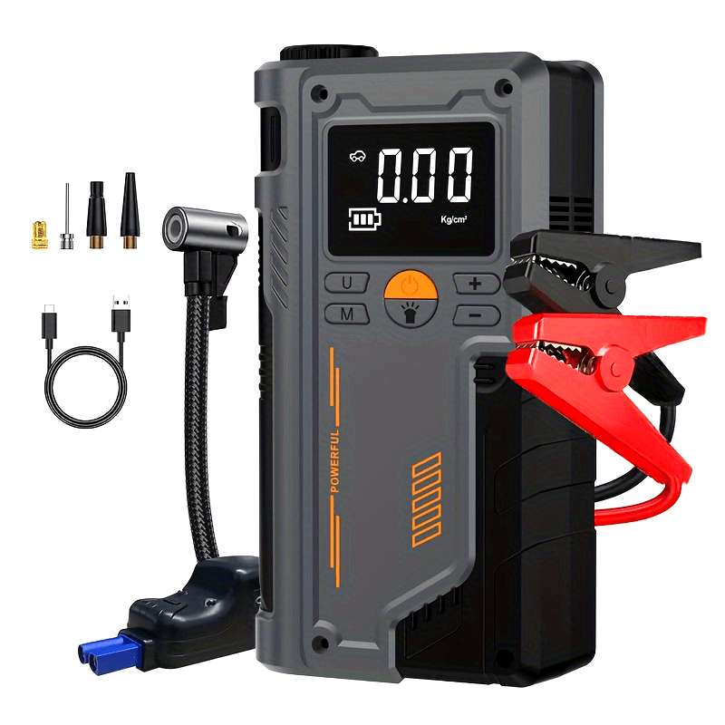 Jkuoo Portátil 3-em-1 Carregador Bateria, Inflador de Pneus e Lanterna