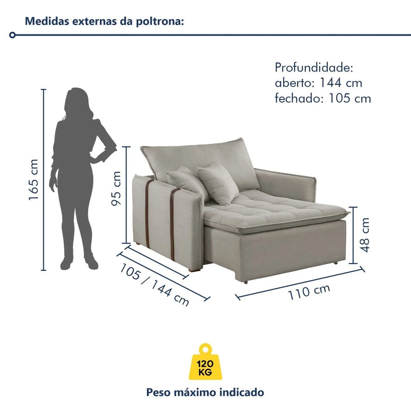 Poltrona Cama 110cm Detroid Yescasa Linho Gelo