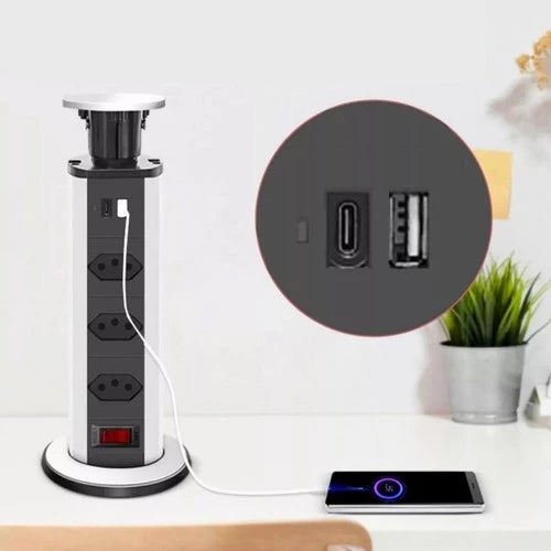 Torre Tomada Retrátil 3 Entradas + Usb Tipo C Embutir Deslizante Bivolt