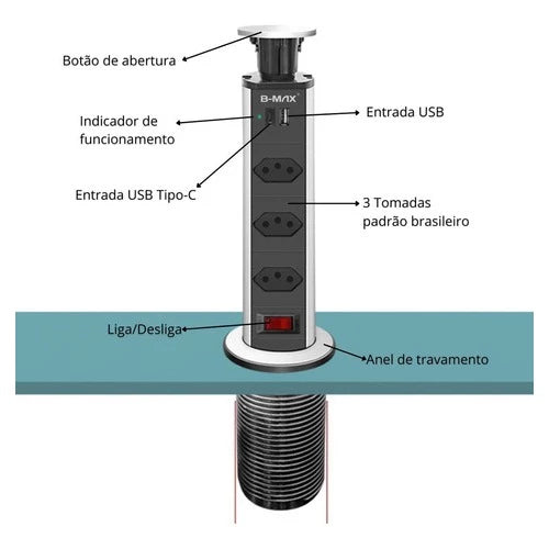 Torre Tomada Retrátil 3 Entradas + Usb Tipo C Embutir Deslizante Bivolt