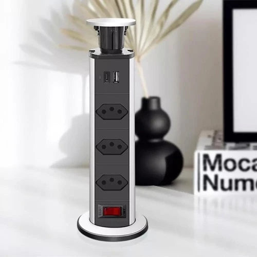 Torre Tomada Retrátil 3 Entradas + Usb Tipo C Embutir Deslizante Bivolt