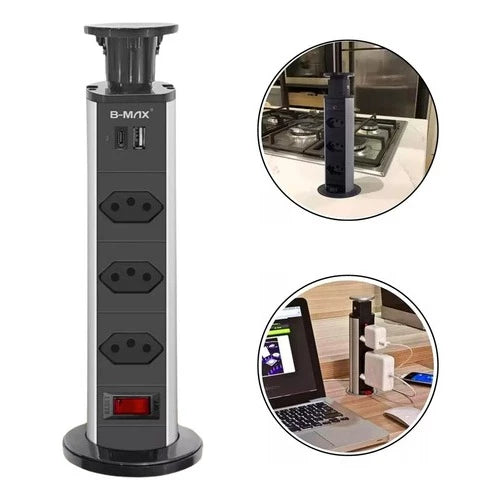 Torre Tomada Retrátil 3 Entradas + Usb Tipo C Embutir Deslizante Bivolt