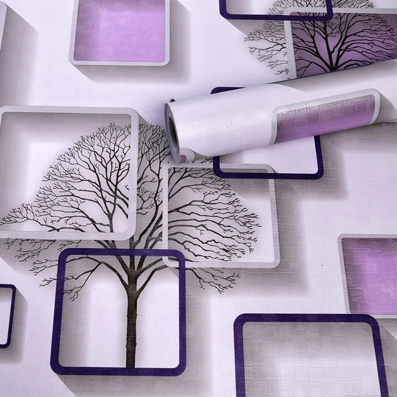 Papel De Parede Roxo moldura quadrada 3d e árvore Decoraçao Vinilico Tamanho 5m*45cm