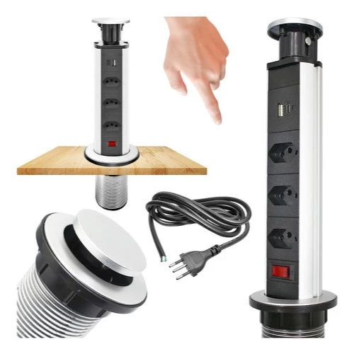 Torre Tomada Retrátil 3 Entradas + Usb Tipo C Embutir Deslizante Bivolt