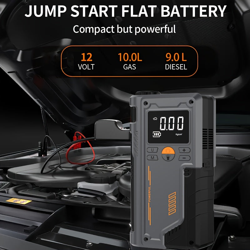 Jkuoo Portátil 3-em-1 Carregador Bateria, Inflador de Pneus e Lanterna